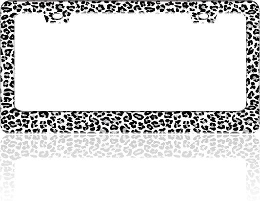 Leopard Print License Plate Frame Skin Texture Pattern Stainless Steel License Plate Holder for Front or Rear Car Tags Funny for Car Decoration Accessories with Screws 6.3 X 12.2 in for Women Men