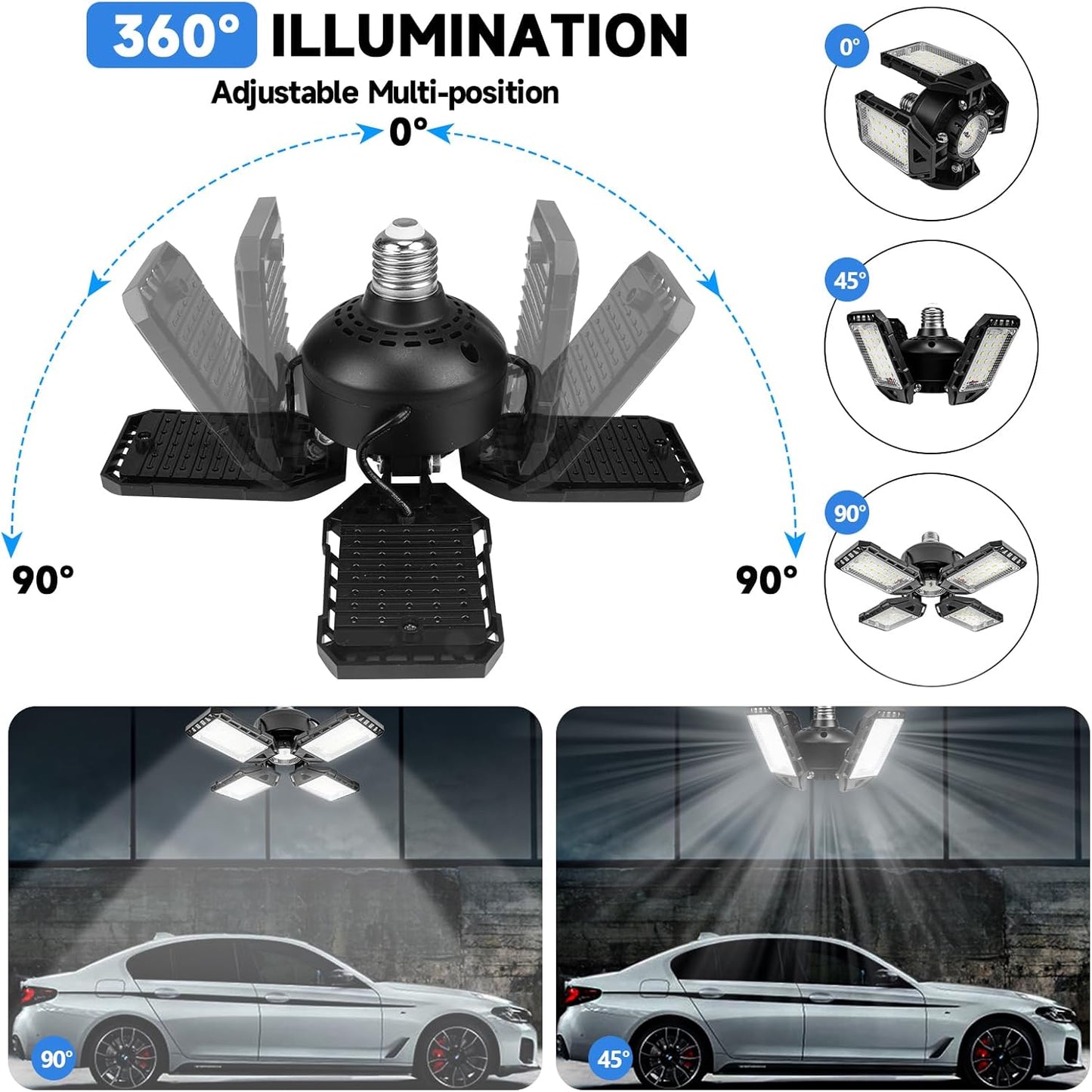 LED Garage Lights 4 Pack -120W, 12000LM 6500K Led Shop Light with 4+1 Deformable Panels, Basement Barn Light Garage Ceiling Lights, E26/E27 for Garage, Warehouse, Shop