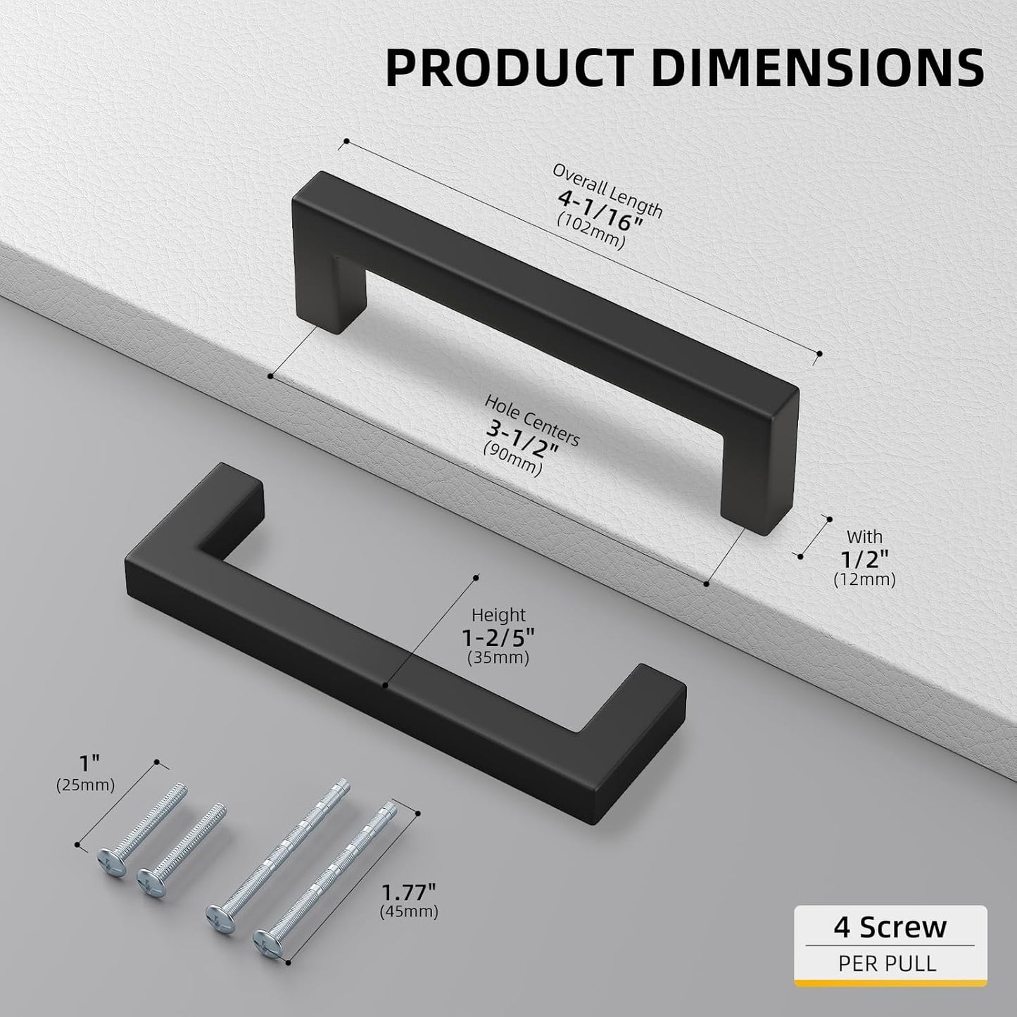 Goldenwarm 1 Pack Black Square Bar Cabinet Pull Drawer Handle Stainless Steel Modern Hardware for Kitchen and Bathroom Cabinets Cupboard, Center to Center 3-1/2in (90mm)