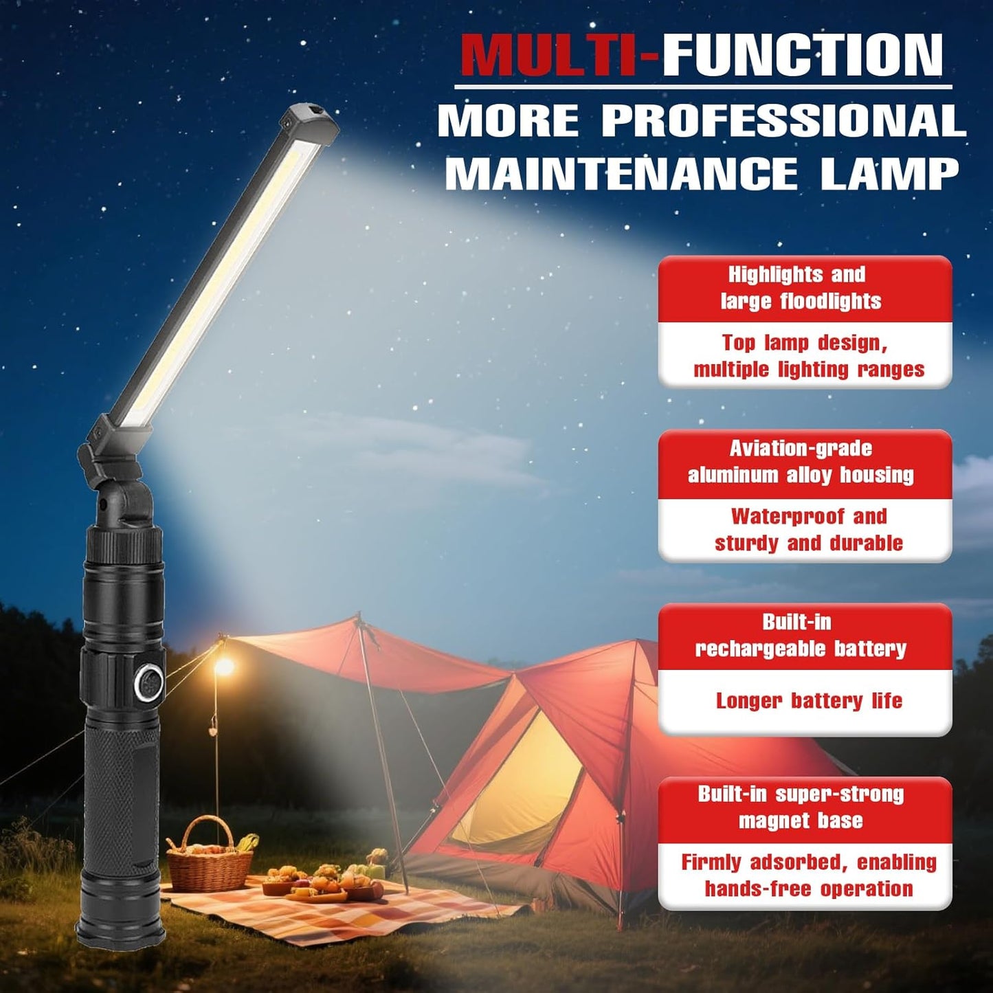 Rechargeable Work Light, 360° Rotate Design, Magnetic LED Work Light Foldable Flashlight,5 Lighting Modes ,Mechanic Light, Portable Outdoor Lamp for Car Repair,Camping, Emergency
