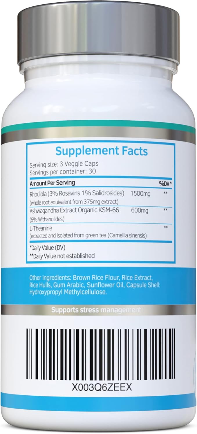 Rhodiola & Ashwagandha with L-Theanine - Award Winning Ashwagandha KSM-66 600mg & 1500mg Rhodiola (3% Rosavins - 1% Salidrosides) whole root equivalent- adaptogen combo- No artificial fillers