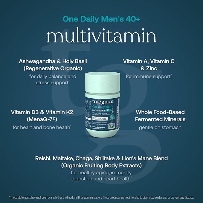 True Grace Men's 40+ One Daily Multivitamin Fermented Minerals, Organic Adaptogens & Mushrooms Whole Body Balance Immune, Endurance, Bone & Heart Support Supplement - Non-GMO - 30 Vegan Tablets