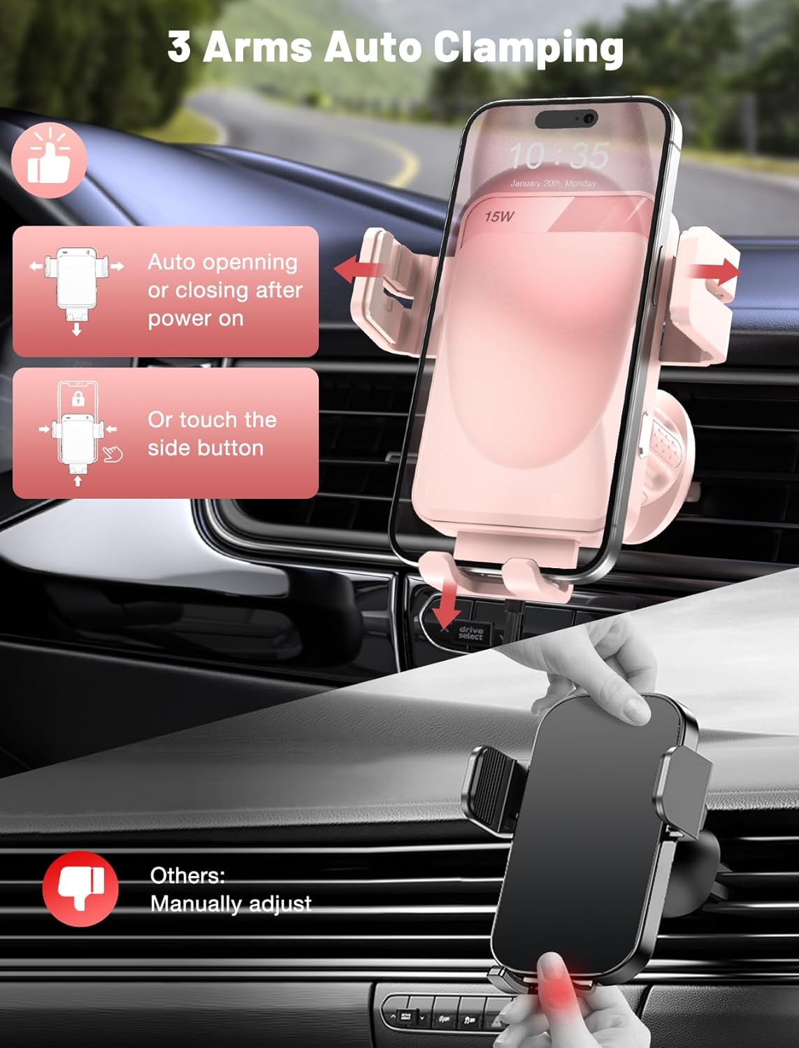 MOKPR Wireless Car Charger, Auto-Clamping Car Mount 15W/10W/7.5W Fast Charging Air Vent Car Phone Mount Compatible with iPhone 15/14/13/13 Pro/12 Pro Max/12 pro/12/11/10 Series, Samsung Galaxy Pink