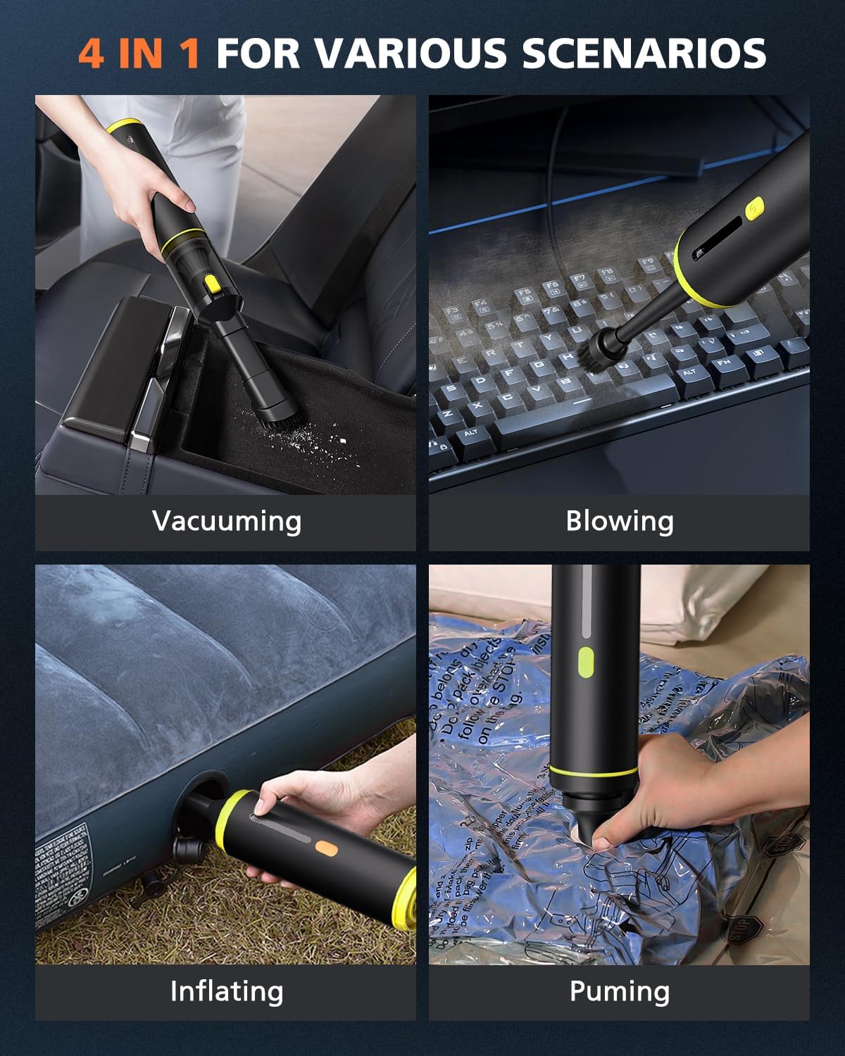 Car Vacuum Portable with 16000Pa Powerful Suction, Handheld Vacuum Cordless Rechargeable Blow & Suction 4 in 1, Small Vacuum Cleaner for Car, Home, Office, Outdoor (Black Yellow)