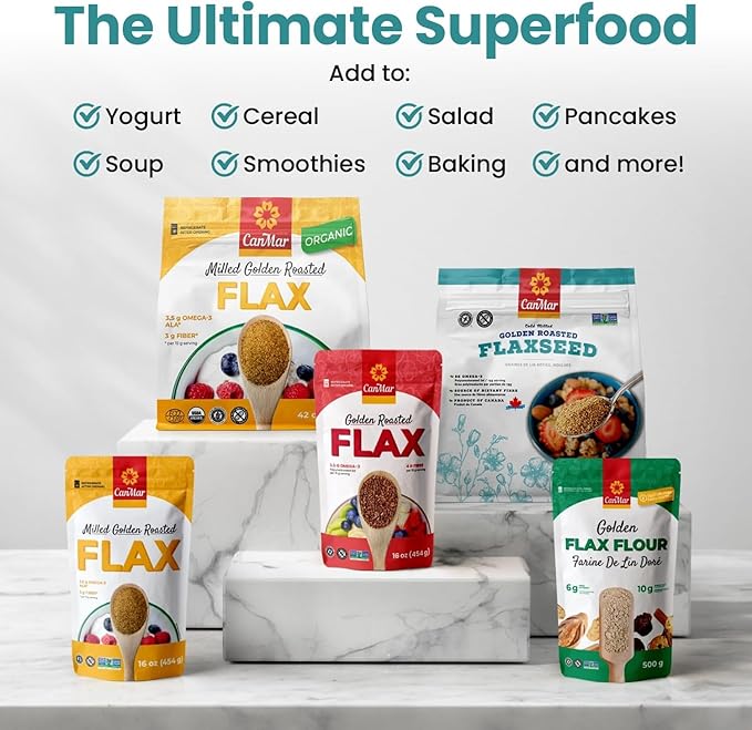 CanMar Ground Milled Golden Roasted Organic Flaxseed, 42 oz – Vegan, Non-GMO, Gluten Free – Flaxseed Meal with Omega-3, Fiber – Ground Organic Linseed Powder (42 oz)