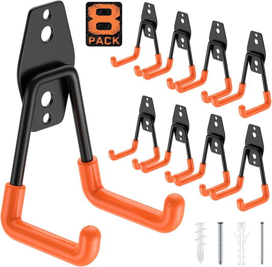 8 Pack 4.5x2.75 Inch Utility Steel Wall Mount Heavy Duty Garage Hooks with Anti-Slip Coating,Storage More Yard,Garden and Power Tools and for Hanging Hose,Ladder and Bike