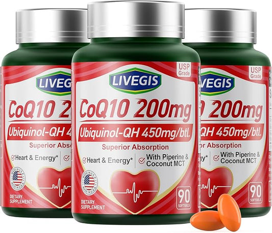 CoQ10 200mg Softgels, Ultra CoQ10 Ubiquinone 200mg with Coconut MCT Oil, 5X Superior Absorption, Coenzyme Q10 Ubiquinol and Supplements - 90 Counts * 3 Packs