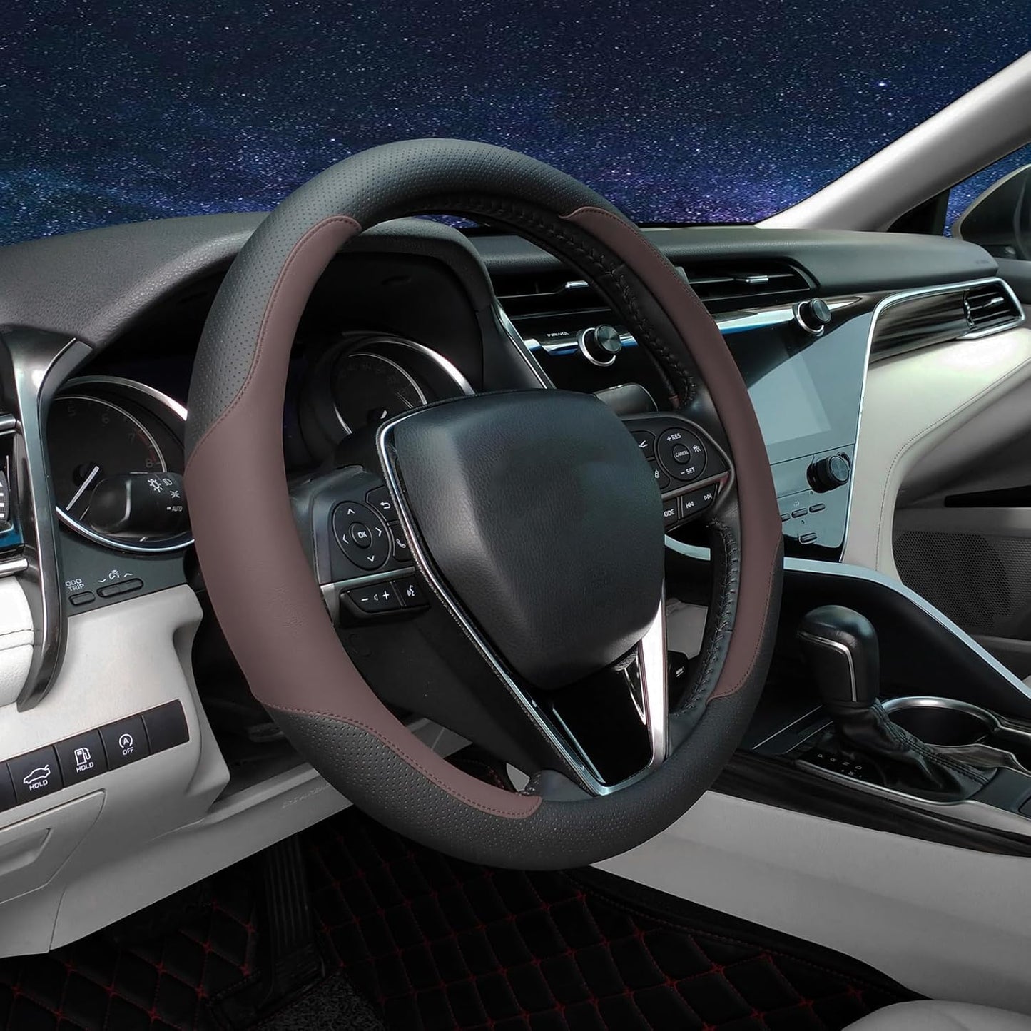 Steering Wheel Cover Standard Size Medium 14.5-15 inch, Breathable Microfiber Leather, Anti-Slip, Soft Grip, Universal Fit for Cars SUVs Trucks, Black and Chocolate Brown