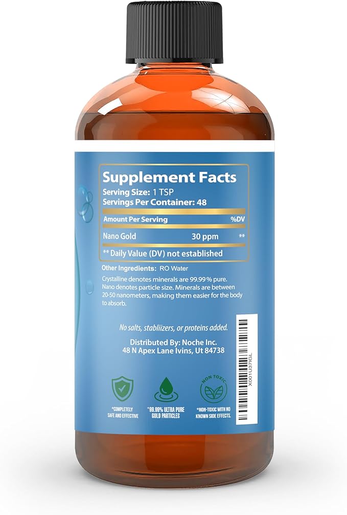Colloidal Gold Liquid Organic Supplement by Nutrinoche - 100% Pure Nano Gold Mineral - Supports Mental Clarity, Focus & Relaxation - 8 oz Bottle - Vegan, Gluten-Free - Crystalline - 30 ppm