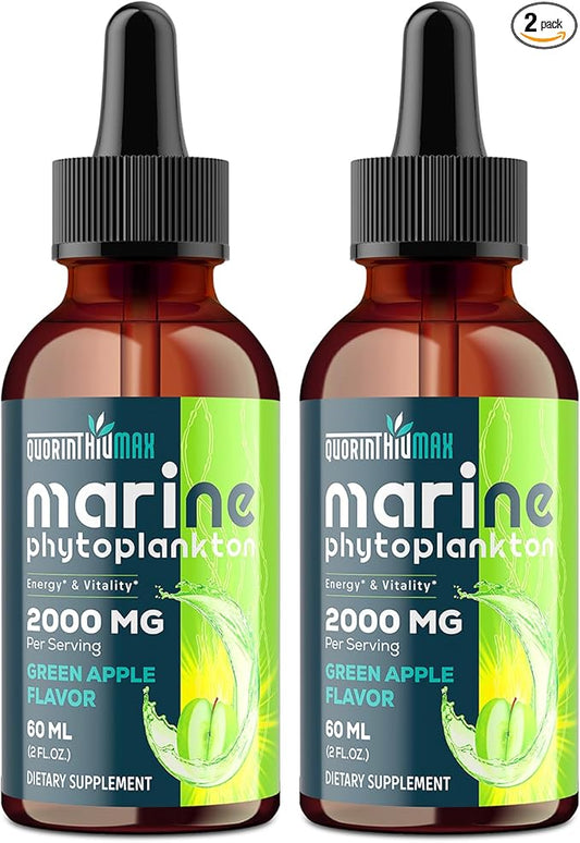 Marine Phytoplankton Drops 2000mg - High Absorption Phytoplankton Supplement with Wheatgrass & Fo-ti for Cellular Wellness, Hair Growth, Energy & Immunity - Green Apple Flavor, 2 fl oz (Pack of 2)