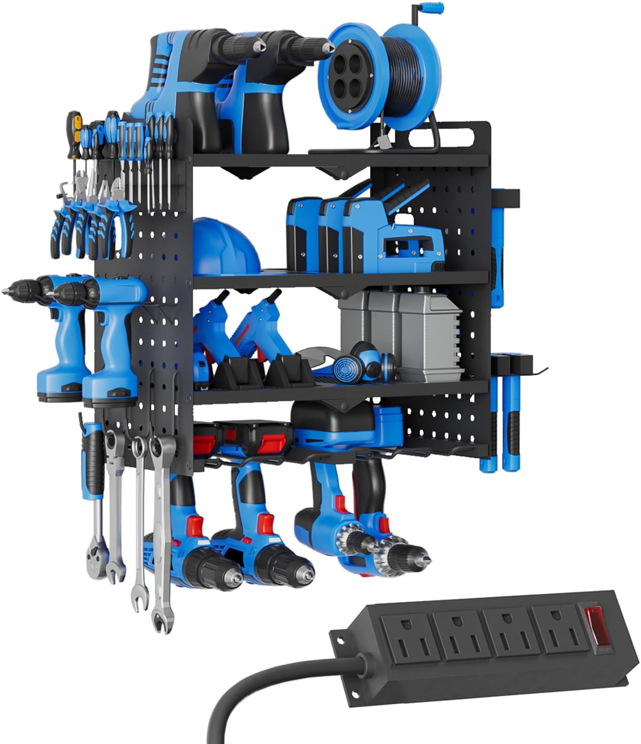 Power Tool Organizer Wall Mount with Charging Station, 4 Layers 6 Drill Holder, Heavy Duty Storage Utility Racks, Supports 600 lbs,Battery Shelf for Garage and Workbench (16 Inch 4 Drills Holder)