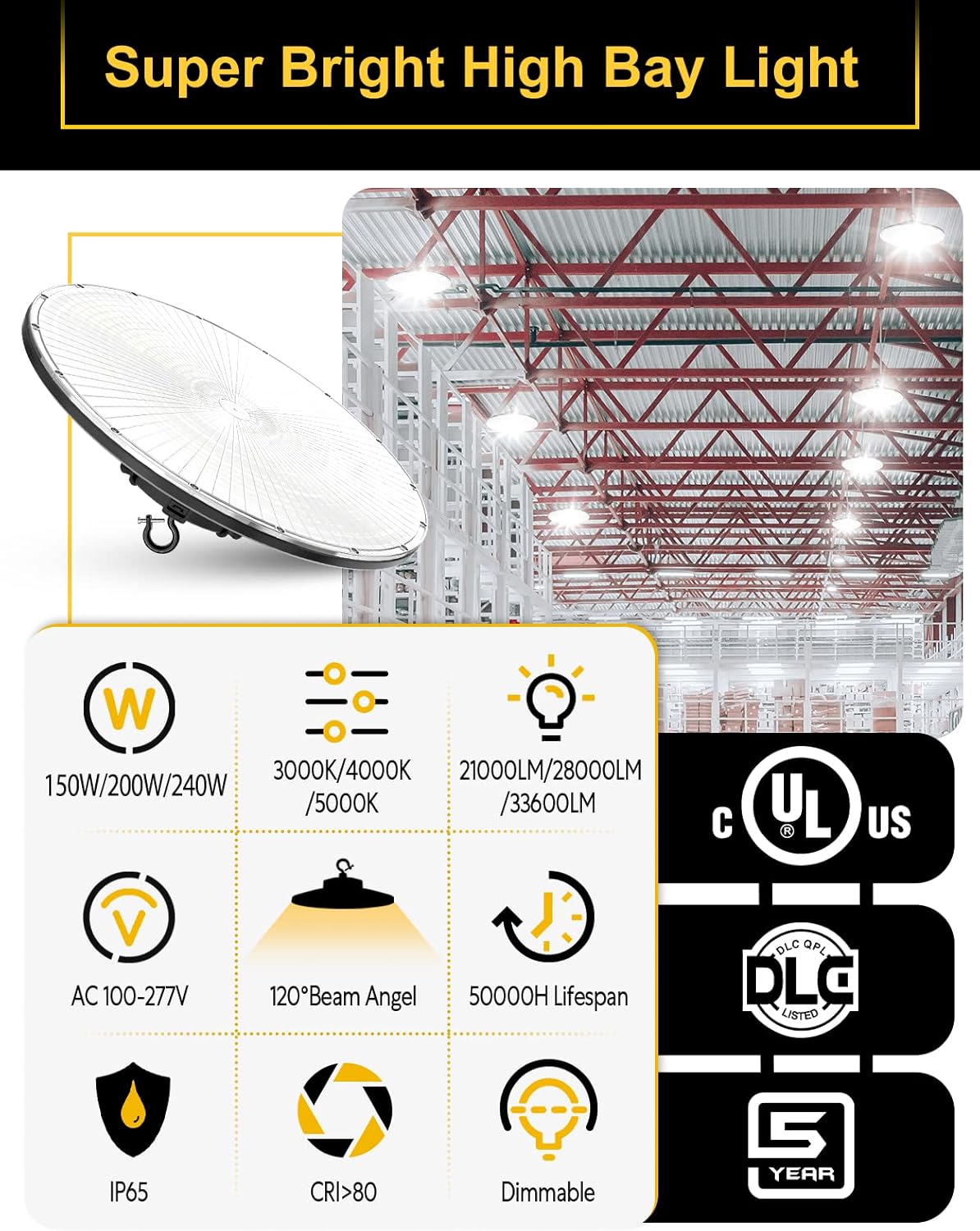 UFO LED High Bay Light, 240W/200W/150W Adjustable, UL & DLC Listed 5000K/4000K/3000K Adjustable, 33600LM 0-10V Dimmable IP65 Waterproof High Bay Lights AC100-277V for Warehouse Factory(9 Pack)