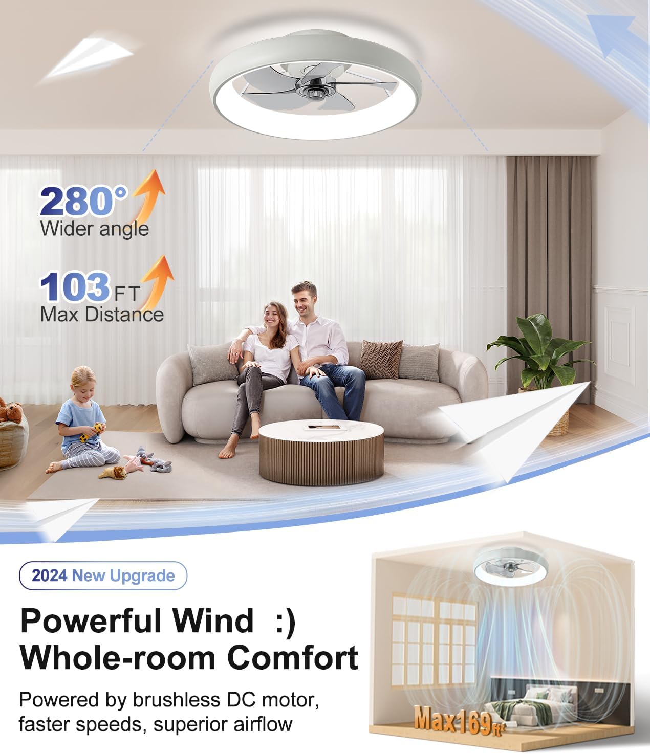 Ultra Low Profile Ceiling Fans with Lights and Remote Ultra Quiet 25 dB, 21" Modern Flush Mount Ceiling Fan LED Ceiling Fan Fandelier Ceiling Milky White