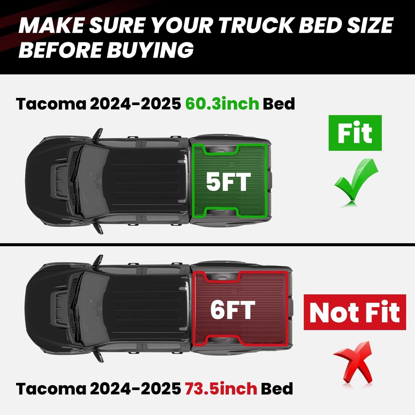 LASFIT Bed Mat for Toyota Tacoma 2024 2025 Truck Bed (5ft,5'Bed), All Weather 5 ft Rubber Car Bed Liner for Toyota Tacoma Accessories, TPE Trunk Mat&Cargo Liner, Black