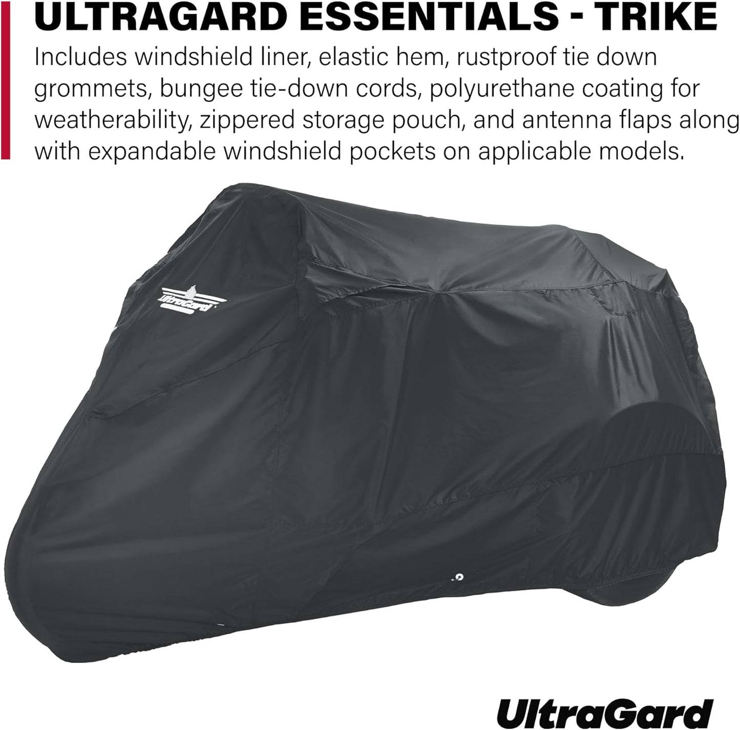 Motorcycle Trike Cover - Weather-Resistant with Elastic Hem, Rustproof Grommets, Storage Bag, Windshield Liner, Antenna Flaps & Expandable Windshield Pockets