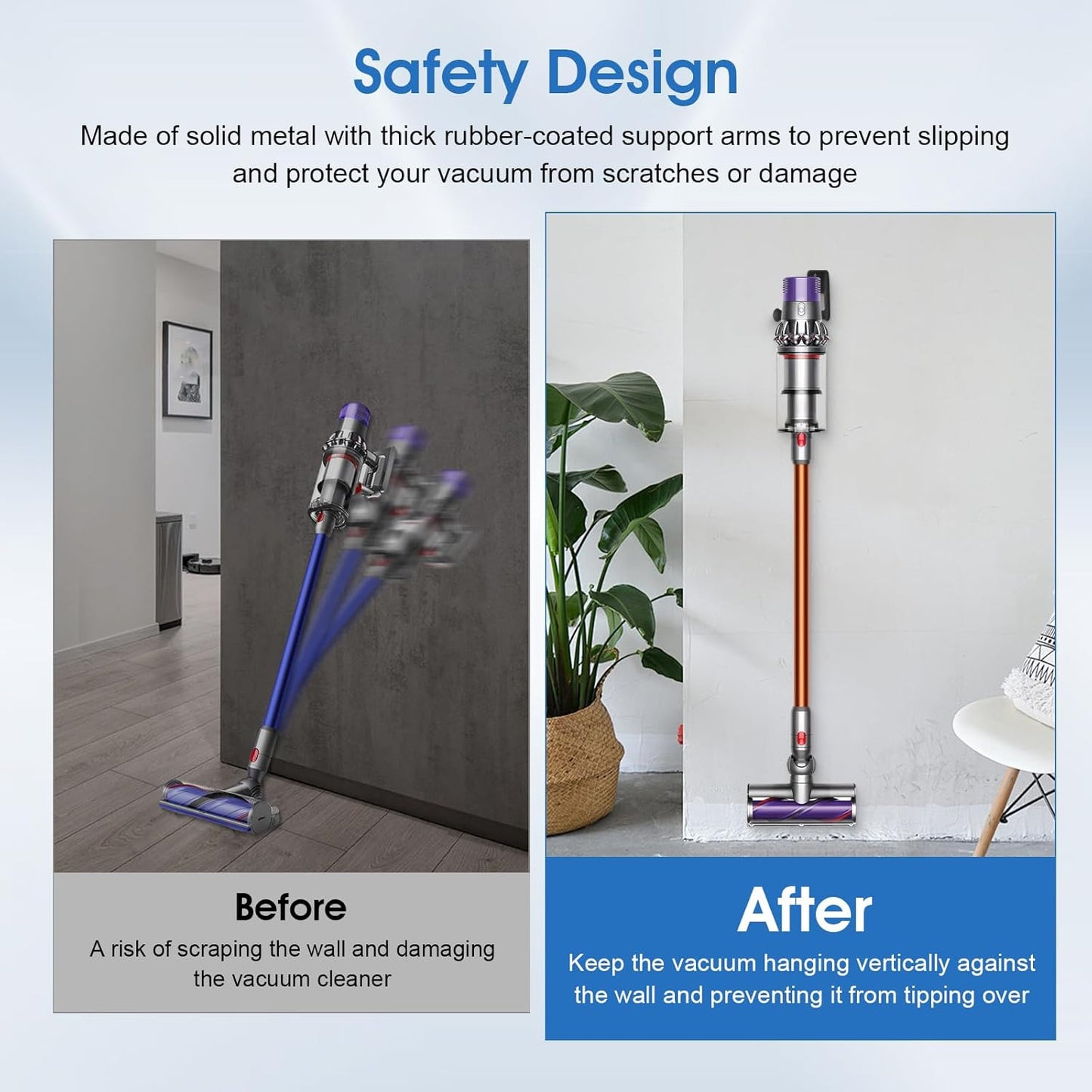 Upgraded 2 Pack Easy Access Cordless Vacuum Wall Mount Hanging Holder fits for Dyson V-Series & Outsize Stick Vacuums – Heavy Duty Metal Wall Rack with Rubber Coating, Garage Shed Storage Brackets