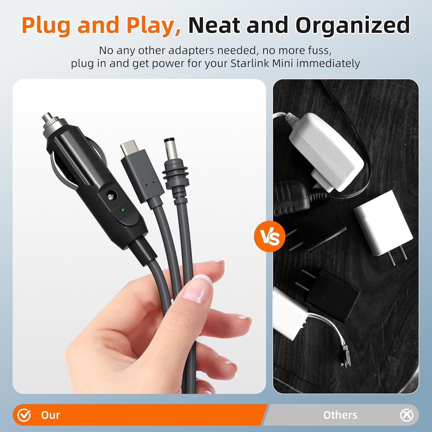 Starlink Mini Power Cable 3-in-1 33FT/10M USB-C to DC 12-24V Car Power Cord, 100W Waterproof Cigarette Lighter Plug DC Male Input Charging Extension Cable for Starlink Mini