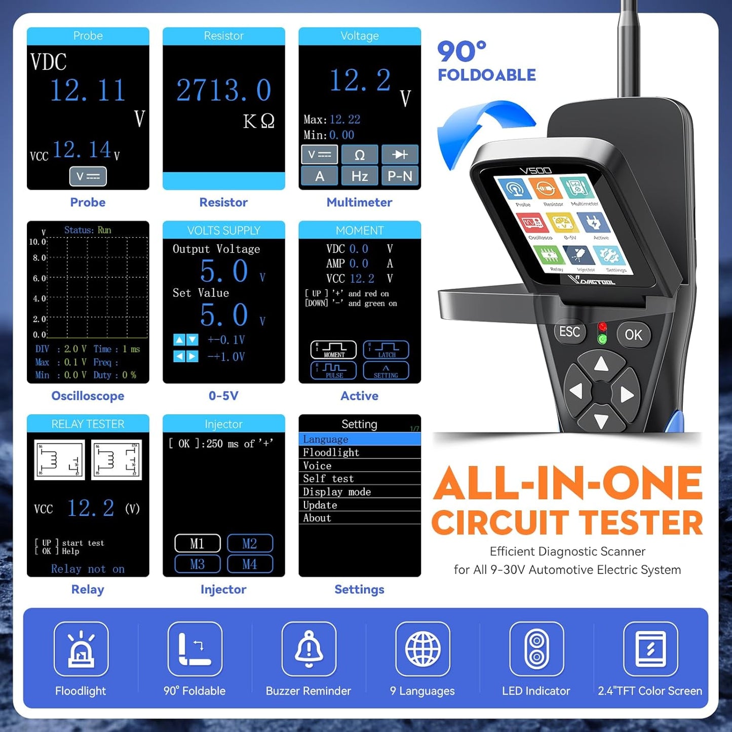 VDIAGTOOL V500 Automotive Power Circuit Probe Tester Kit, 9-30V Car Electric Circuit Tester, Short/Open Circuit Finder, Oscilloscope/Multimeter/Injector/Relay Tester, Component/Fuse/Trailer/AC/DC Test
