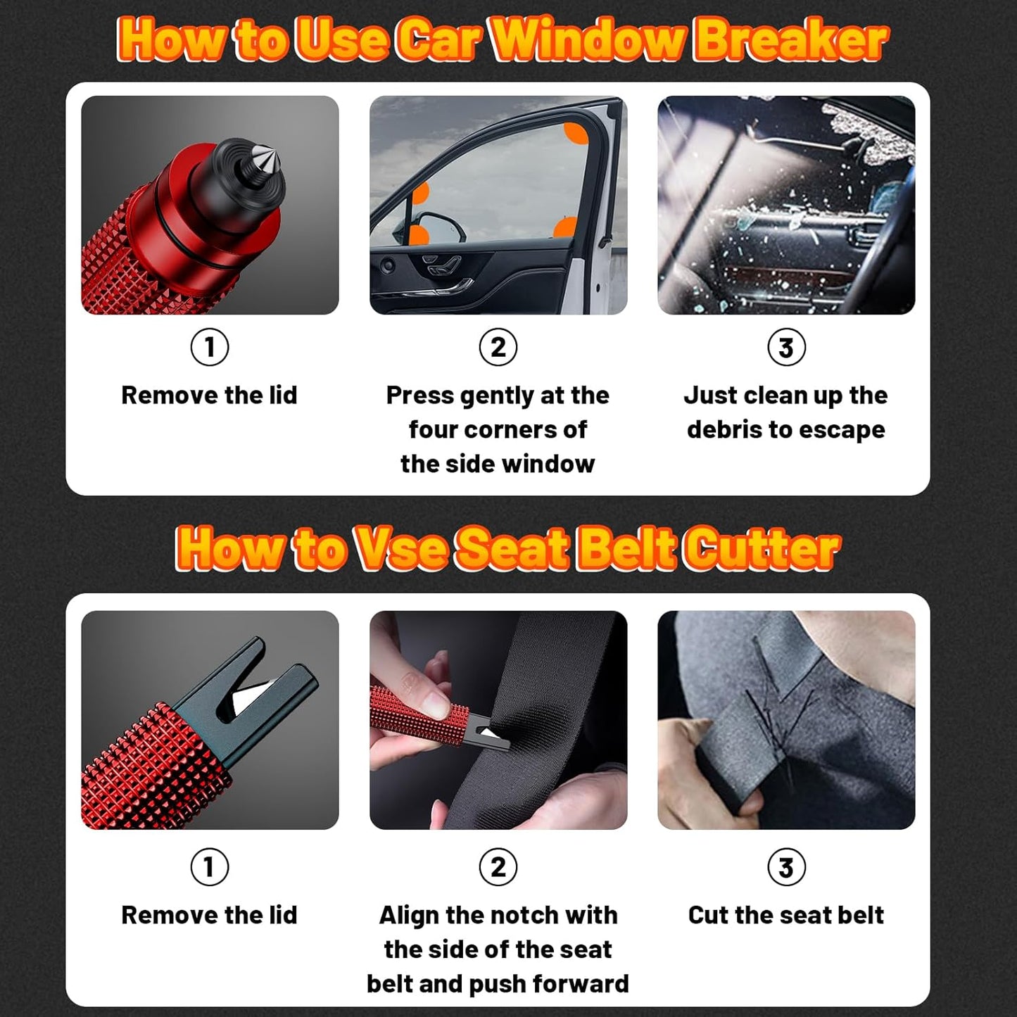 Safehammer - Upgraded Safe Hammer Glass Breaker Under Water, Car Hammer Seatbelt Cutter Window Breaker Emergency Escape Tool, Safehammer Glass Breaker for New Cars (3PCS Red & Black & Silver)