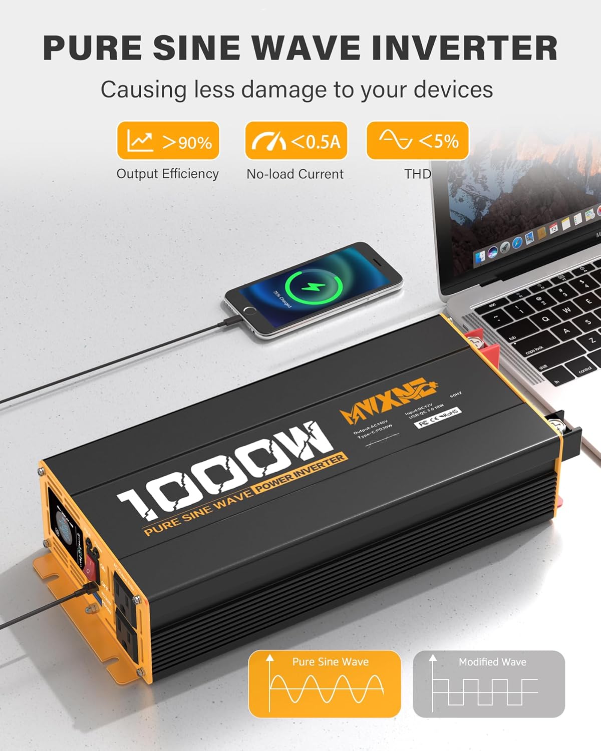 1000W Pure Sine Wave Power Inverter 12V DC to 110V 120V AC Converter with 2 AC Outlets, QC3.0/PD30W Fast Charging USB Ports, LCD Display and Remote Control, Car Inverter Adapter for Vehicles