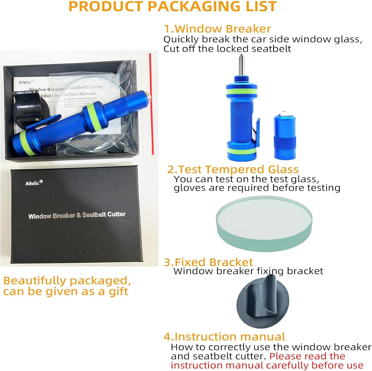 Allelic Car Window Breaker Tool, Window Breaker Seatbelt Cutter, Window Breaker, Glass Breaker, Spring Loaded Window Breaker for Land & Underwater (Blue)