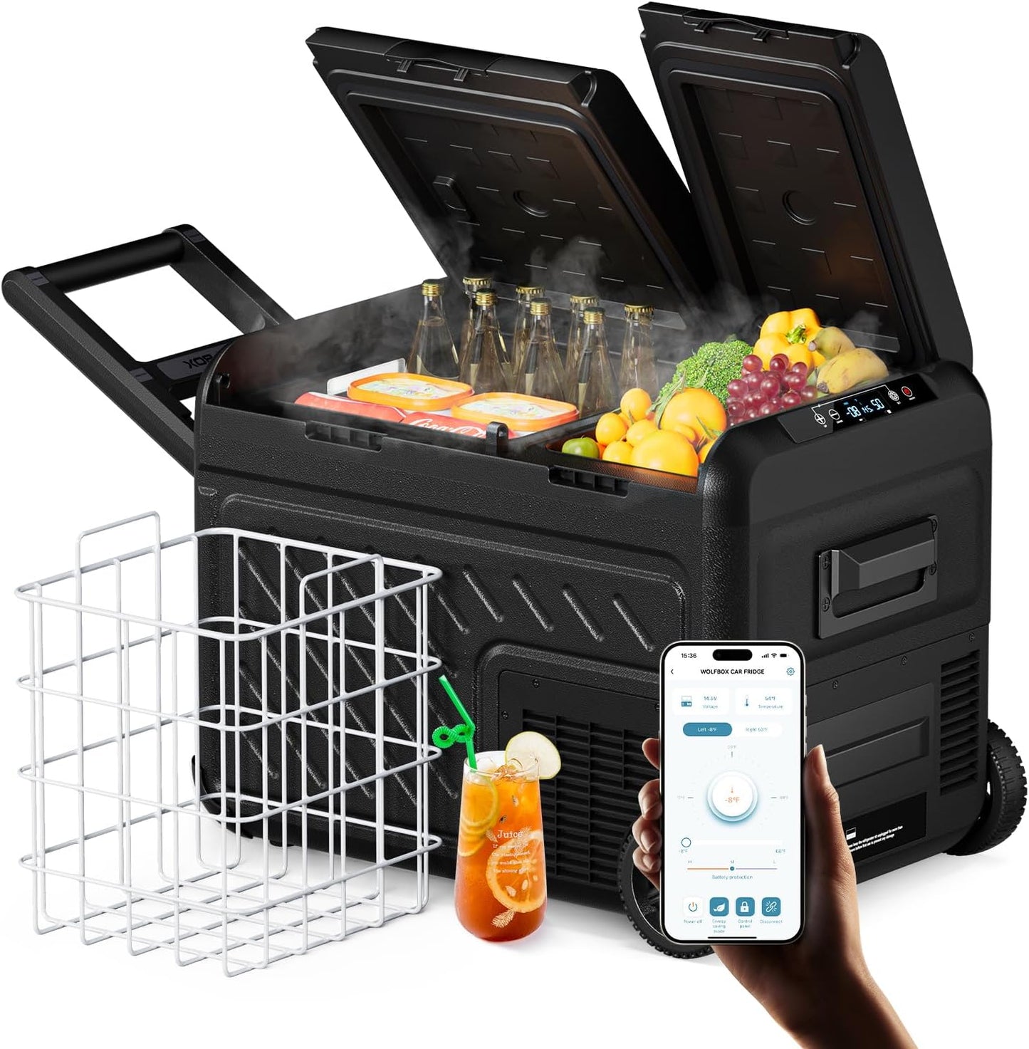 WOLFBOX 12V Car Refrigerator, 40 Quart Dual Zone Car Fridge, Portable Freezer(-8℉~68℉) with 12/24V DC 100/240V AC, APP Control Electric Cooler for Car, RV, Camping, Travel and Home Use