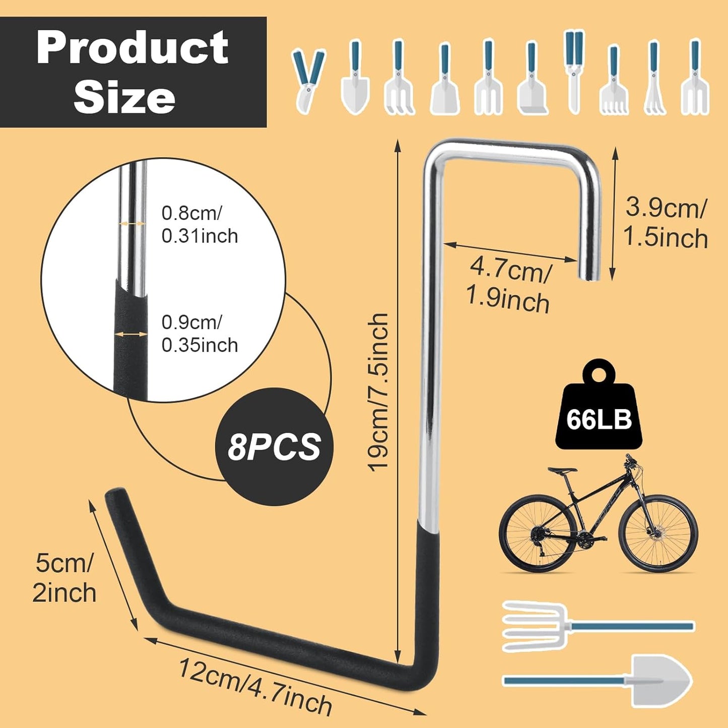 8 PCS Heavy Duty Carbon Steel S Hooks, Vinyl Coated, 7.5 Inch, Black, 66 Lbs Max Weight, Ideal for Garage, Outdoor, Indoor, Ladder, Sports Equipment, Pool Equipment, Plant Supports