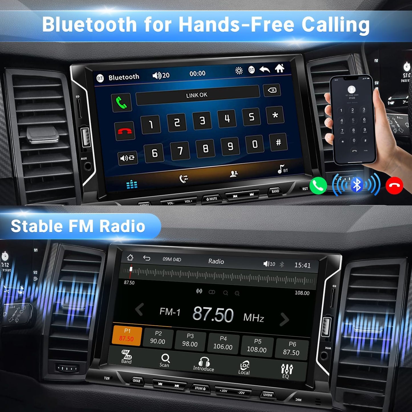 7 Inch Double Din Car Stereo Support Apple CarPlay Android Auto Mirror Link Capacitive Touchscreen Monitor Car Play Radio with Bluetooth 5.0, FM Radio, USB/TF/AUX Port, Backup Camera, Remote Control