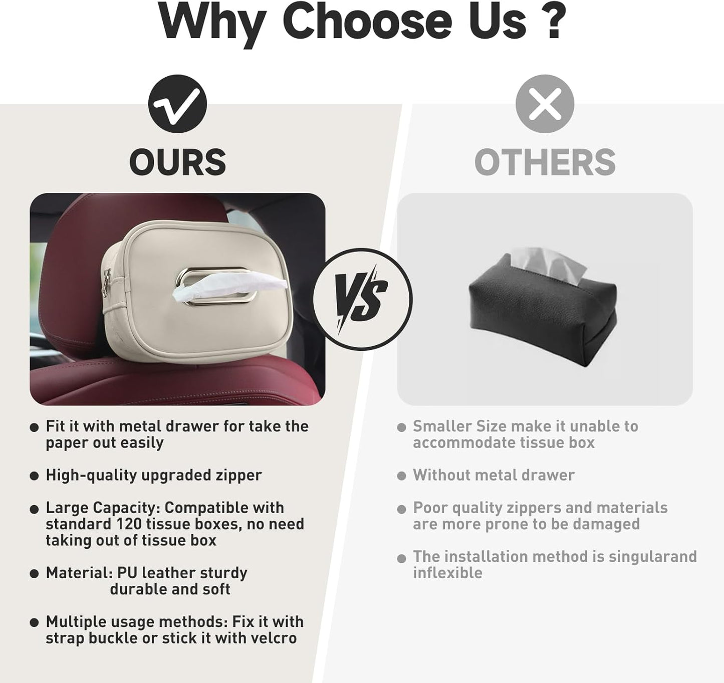 Car Tissue Holder, Tissue Box Cover Keep Car Tidy, Premium PU Leather Backseat Napkin Rectangle Organizer, Extra Large Tissue Box Storage in Car Fits for 6.6 * 4.7 * 2.3 Regular Size Tissues, White