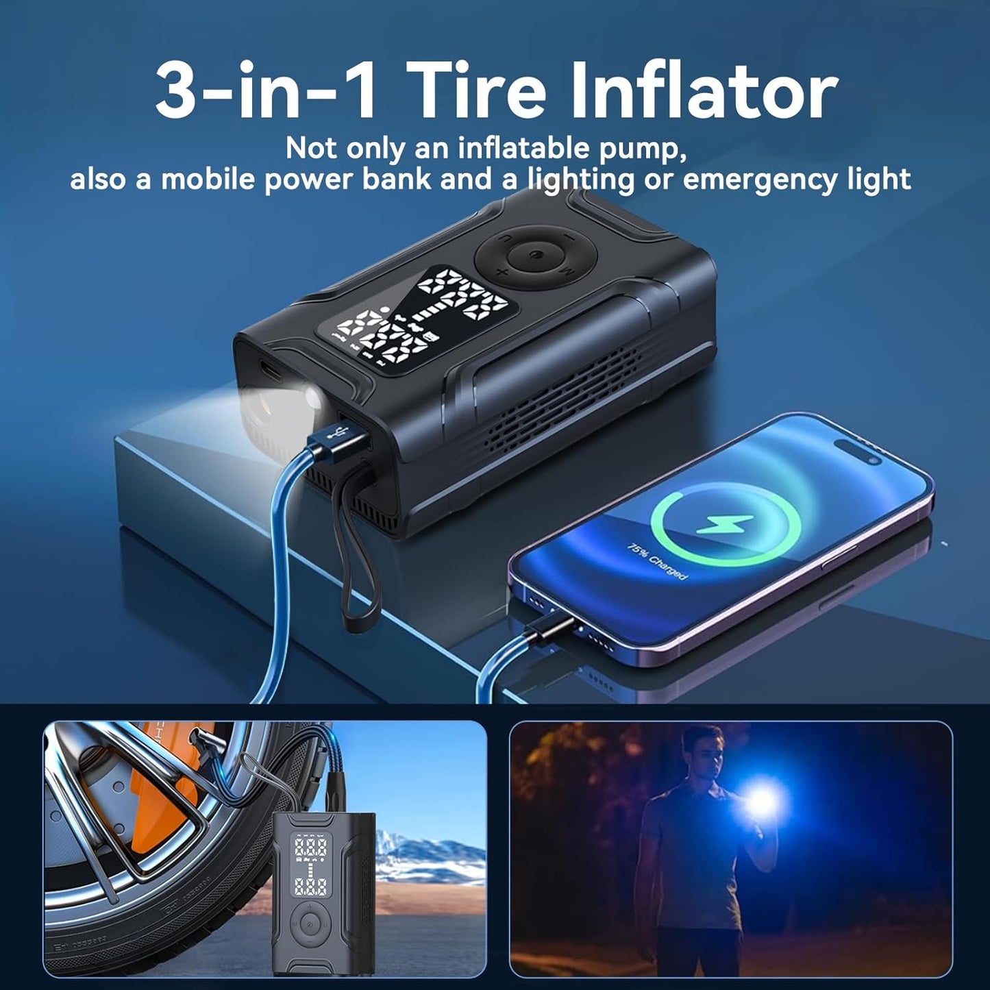 Tire Inflator Portable Air Compressor, Air Pump for Car Tires, 150PSI 20000mAh & 2X Faster Auto Tire Inflator with LED Light, LCD Display, Electric Air Pumps for Car Motorcycle Bike Balls