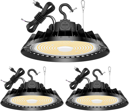 3Pack LED High Bay Lights, 240W UFO High Bay LED Shop Lights, 36000LM Adjustable CCT(5700K 5000K 4500K) & Power(240W 200W 150W), 0-10V Dimmable, 5' Cable Plug, IP65 Waterproof, ETL & DLC Listed