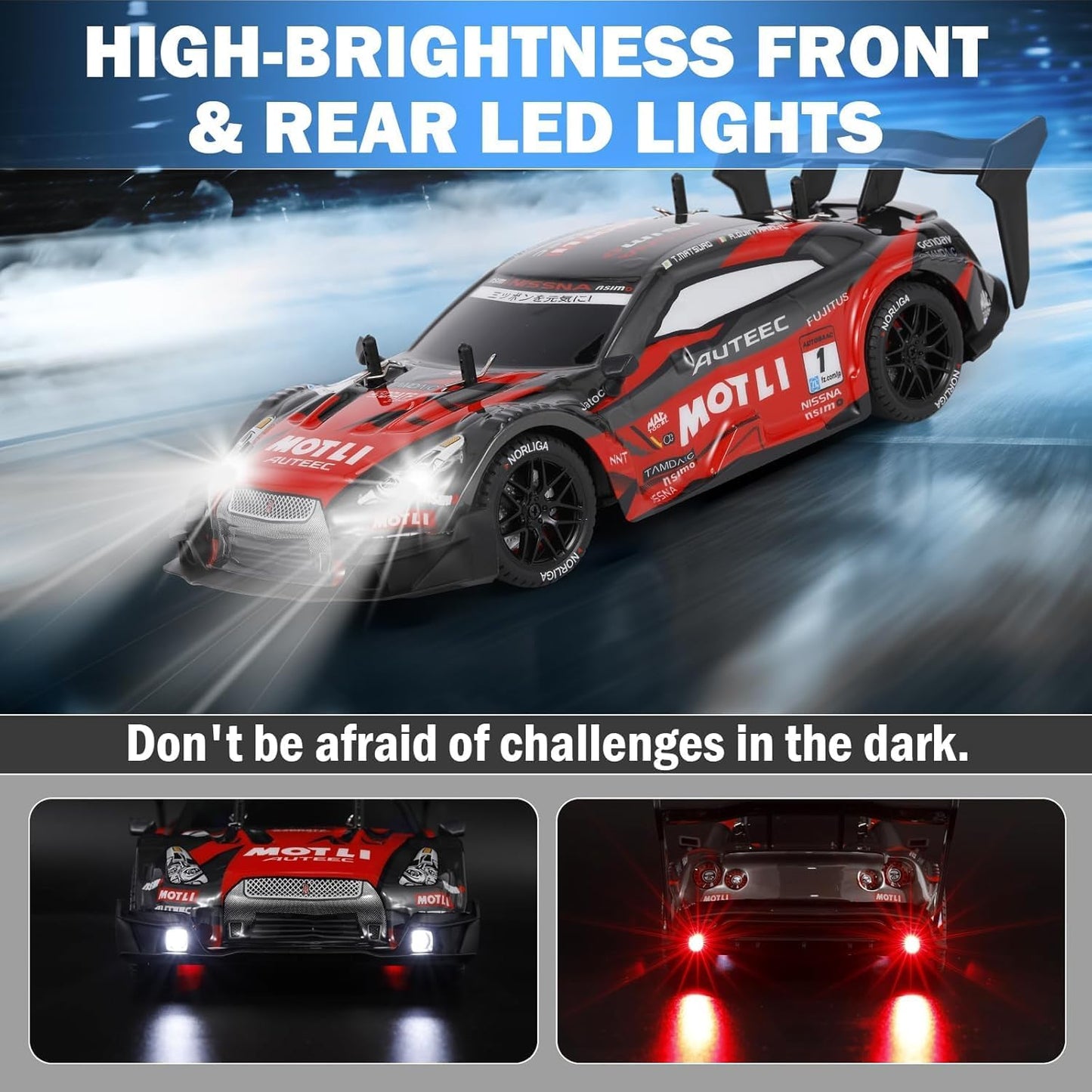 RC Drift Car, 1:14 Scale GTR Model, 4WD 28KM/H High Speed Remote Control Racing, 2.4GHz Electric Sport Drifting Car with LED Lights Speed Adjustment Gifts for 6+ Kids and Adults