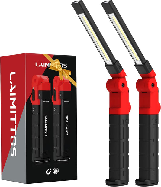 Rechargeable Work Light 2200mAh Magnetic LED Work Light Flashlight Mechanic Light Tool Gifts for Men Him, Foldable Lamp with Hook for Car Repair Emergency BBQ Grill (2 Pack)
