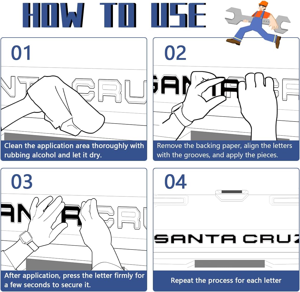 Tailgate Insert Letters Compatible for 2022 2023 2024 2025 Santa Cruz 4D Raised Tailgate Decal Letters (Double Layer Black Edge Gray Faced)