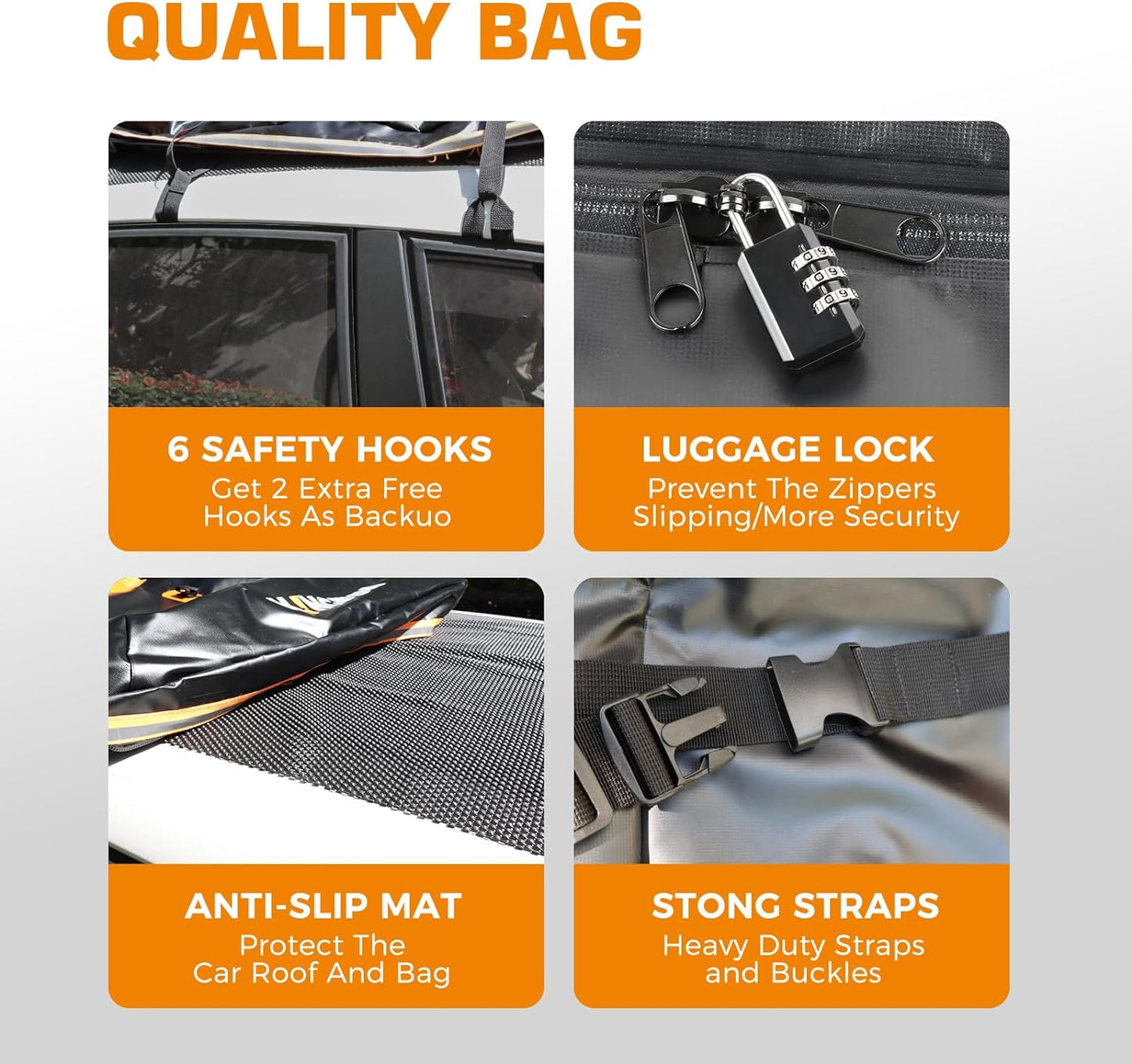 Kingfun Car Rooftop Cargo Carrier – Waterproof 15 Cubic Feet Car Roof Bag Fit All Vehicles with/Without Roof Racks, Includes Anti-Slip Mat, 8 Reinforced Straps & 6 Door Hooks, Luggage Locks