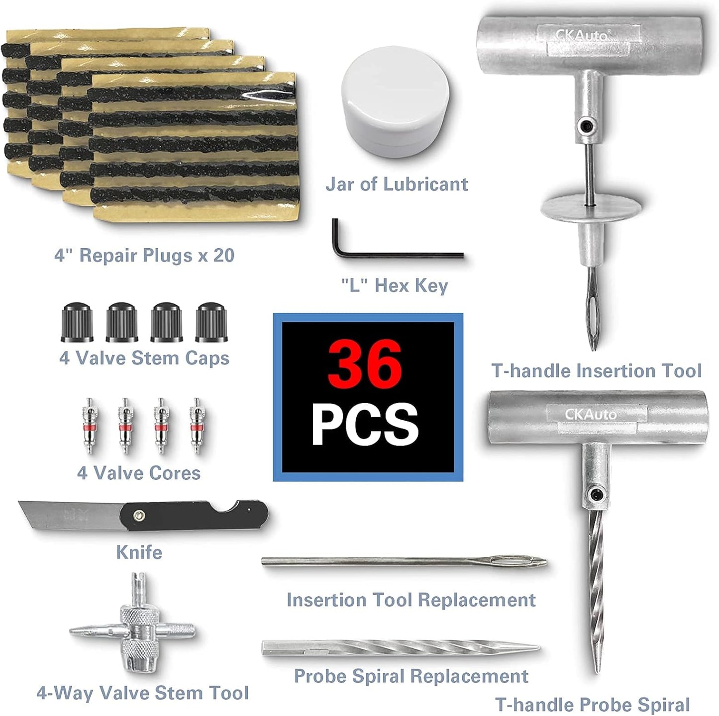 CKAuto Universal Tire Repair Kit, Heavy Duty Car Emergency Tool Kit for Flat Tire Puncture Repair, 36 Pcs Value Pack, Tire Plug Kit fit for Autos, Cars, Motorcycles, Trucks, RVs, etc.