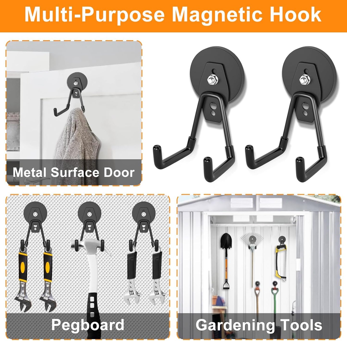 ENUODA Strong Magnetic Hooks 6 Pack Large Rare Earth Magnet Hooks Heavy Duty Utility Magnetic Tool Holder for Garage Organization, Van, Barn, to Hang Bag, Coat, Power Tool, Toolbox, Shovel, Broom,