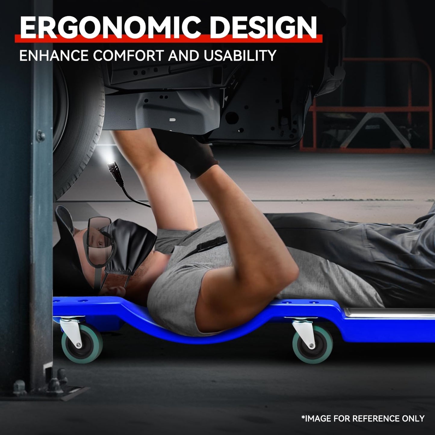 Auto Dynasty 40 Inches Mechanic Creeper, Automotive Garage Repair Low Profile Under Car Rolling Creeper with LED Light and Padded Headrest, Plastic, Blue