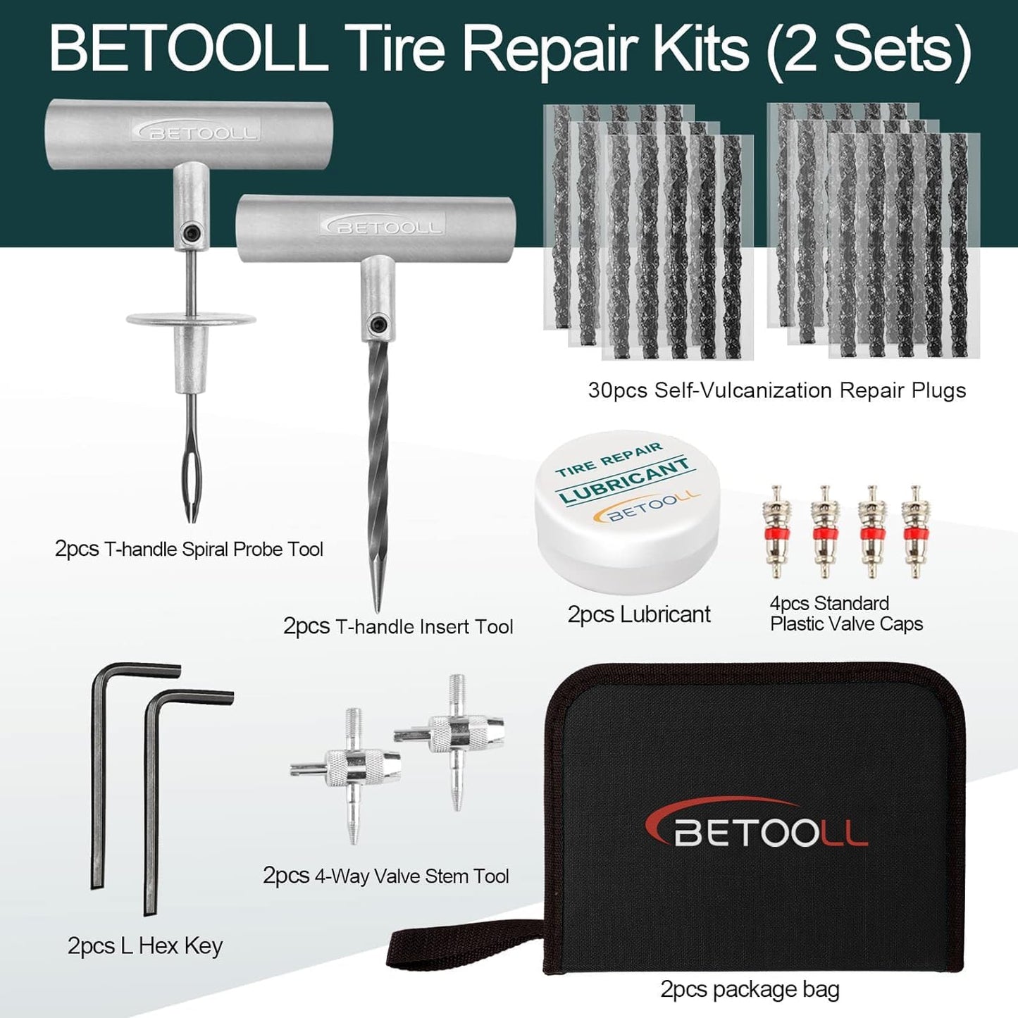 BETOOLL Tire Repair Kit, Sets of 2-24pcs Professional Heavy Duty Universal Emergency Flat Tire Repair Kit, for car Motorcycle, Truck, Golf Cart, ATV, Tractor, ARB, RV, SUV, Trailer etc.(Black)