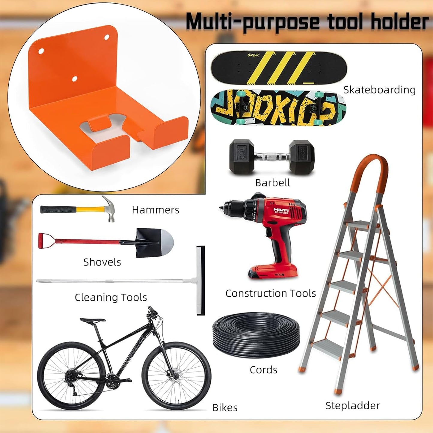 Weedeater Hanger, 2 Pack Weed Eater Hanger for Garage Wall-mounted Organizer Trimmer Rack Storage for Grass Trimmer, Hedge Trimmer, Garage Wall, Garden Tools, Black, Orange