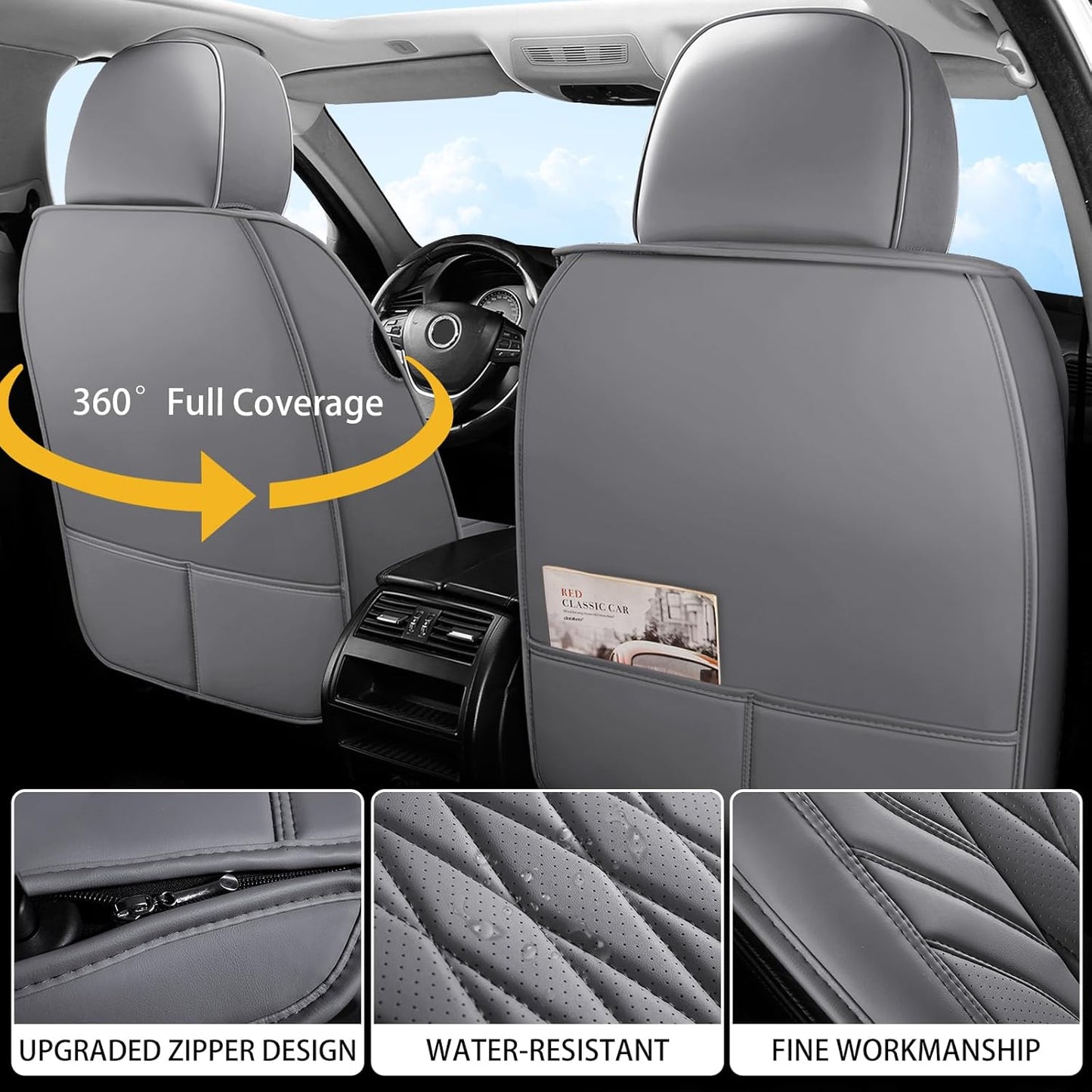 WELLDO Car Seat Covers Full Set, Faux Leather Seat Covers for Cars, Car Seat Protector Waterproof, Non-Slip Car Interior Covers Full Set Universal Automotive Seat Covers for Most Cars SUVs, Gray