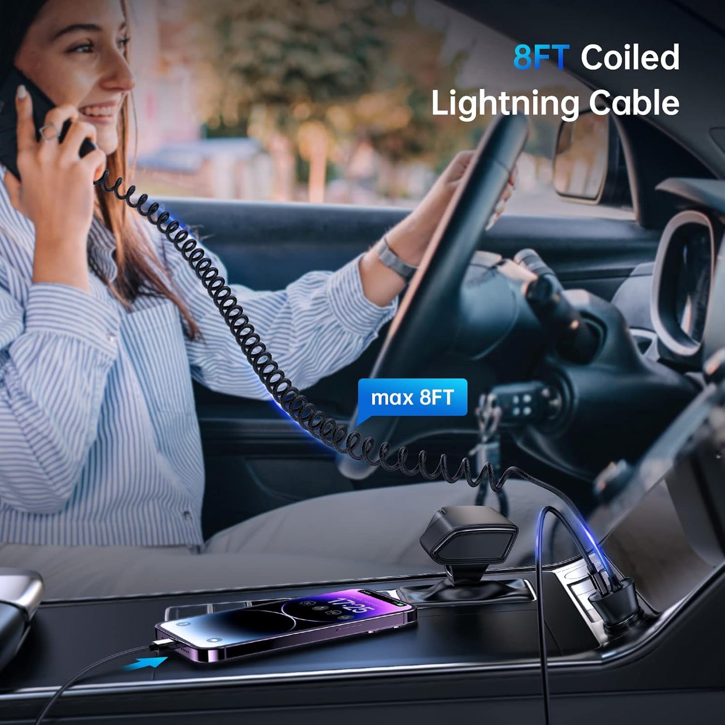 [Apple MFi Certified] Syncwire iPhone Car Charger 32W Super Fast Car Charger iPhone Cigarette Lighter USB Car Adapter with Build-in 6.5FT Lightning Cable Coiled for Apple iPhone 14/13/12/11/Max, iPad