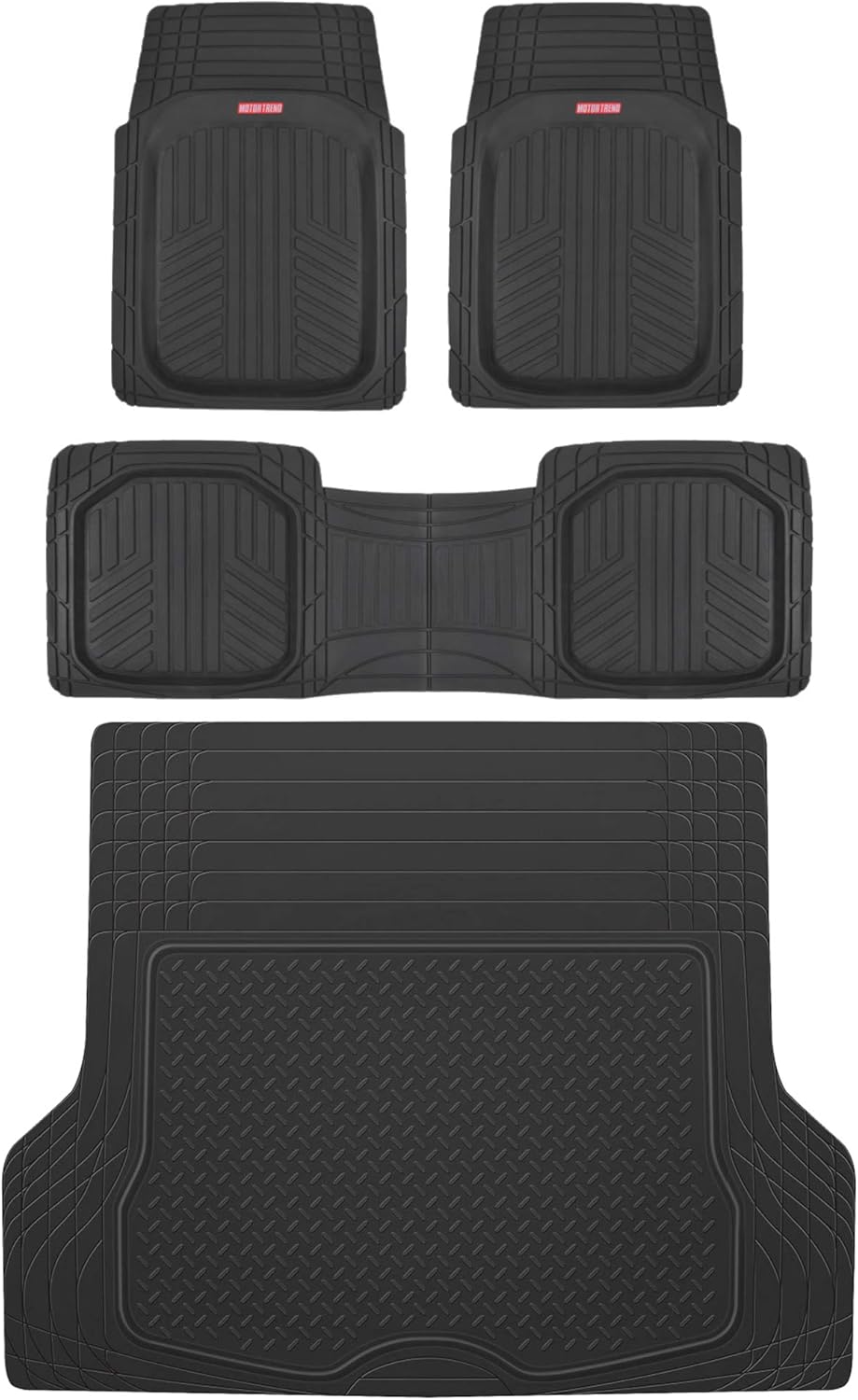 Motor Trend FlexTough™ Deep Dish Plus Rubber Car Floor Mats with Trunk Mat Cargo Liner, Front & Rear Combo Set fits Most Car SUV Van Coupe Sedan, Heavy Duty All Weather Trim to Fit