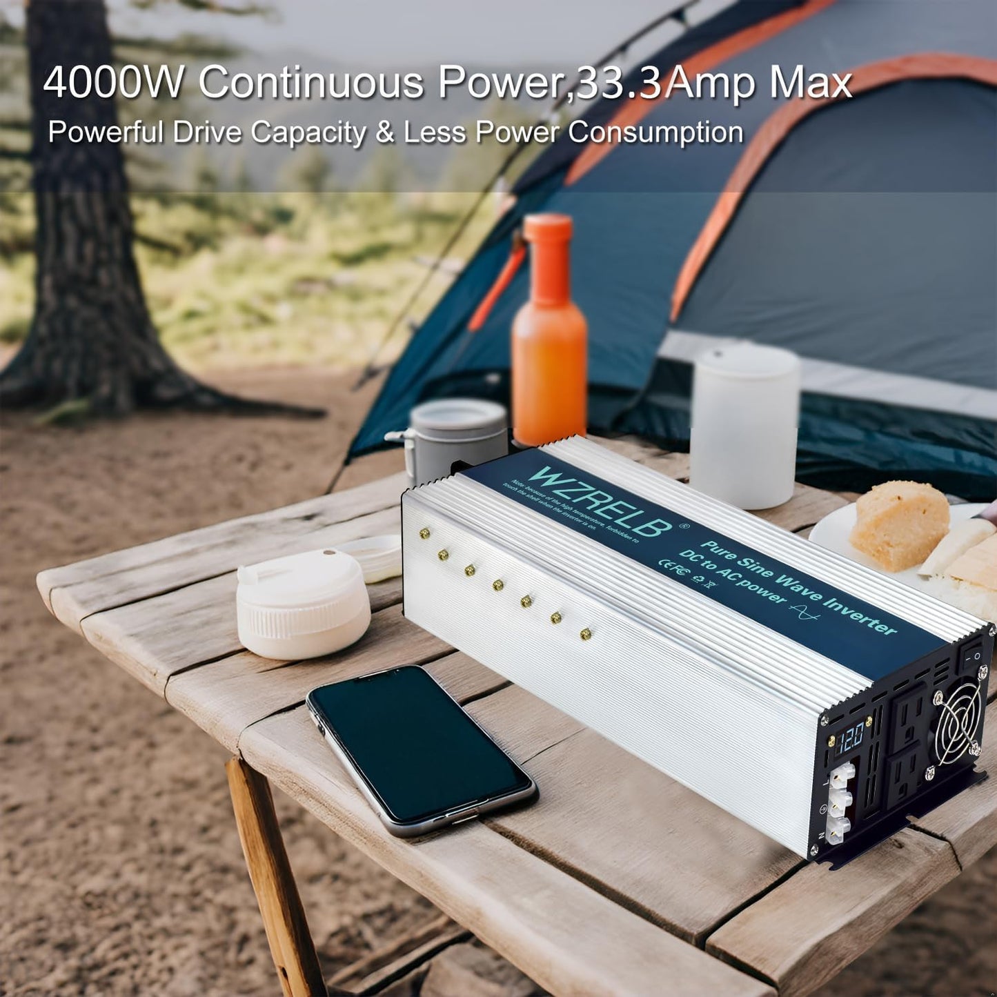 WZRELB 4000W Pure Sine Wave Inverter, Car Power Inverter 48V DC to 110V 120V AC Converter for RV, Truck, Solar, Outdoor with Dual AC Outlets, Hardwire Port, Surge 8000W, LED Display,Off-Grid