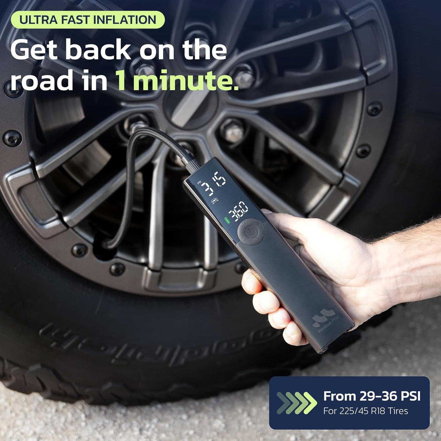 Tire Inflator Portable Air Compressor for Car, Bike, Motorcycle, SUV, Offroad & Truck - Fast Car Pump, 150 PSI, Cordless 12V DC, LED Display Emergency Light Woowind (Ventus pro + Tire sealant)