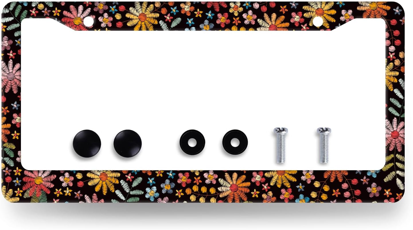 Beautiful Flowers License Plate Frame Colorful Floral License Plate Holder Stainless Steel Flower Colorful Car Accessories Decoration 6.3"X12.3" with 2 Holes Screws