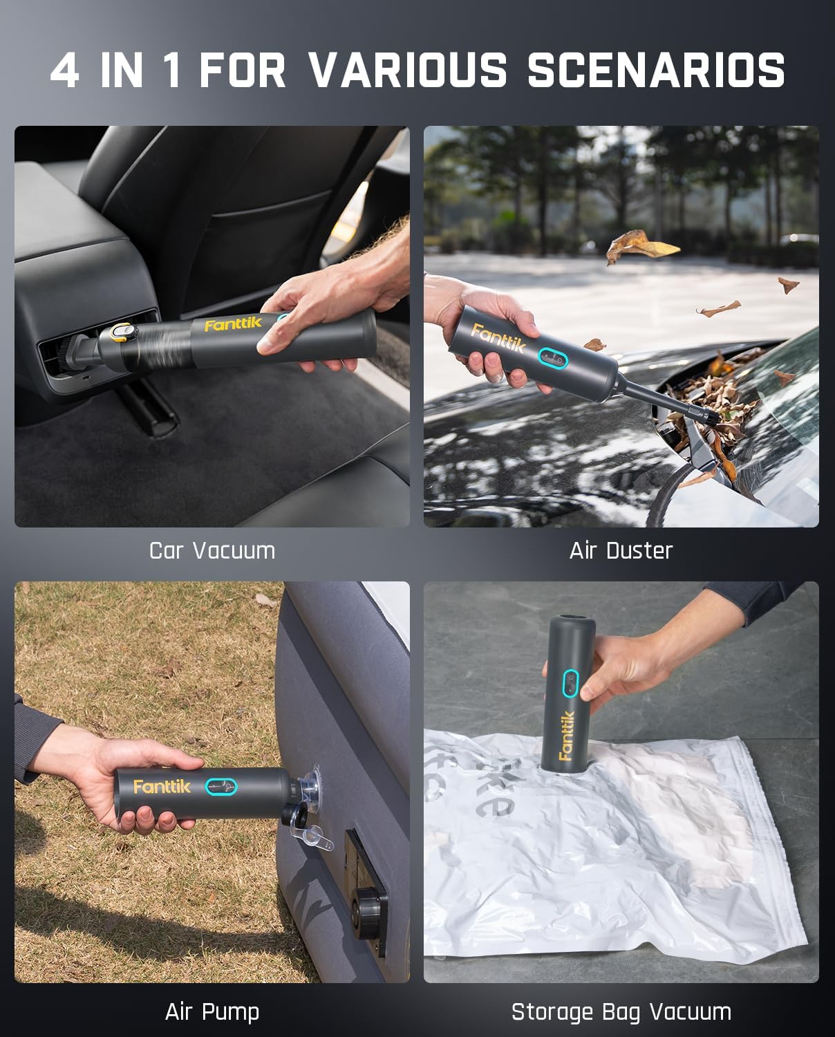 Fanttik Slim V8 APEX Car Vacuum, 4-in-1 Portable Mini Cordless Vacuum with 19000pa Suction Power, Type-C Charge, 2 Suction Modes, Handheld Vacuum for Car, Office Desk, Keyboards (Gray)