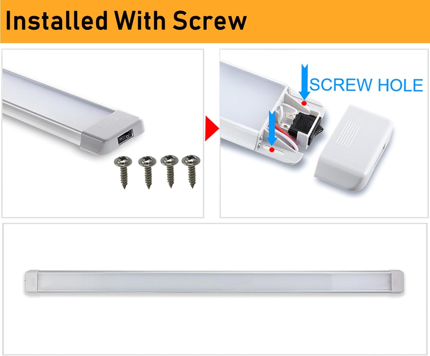 RV Cargo Truck LED Interior Utility Light Fixture 42.1" x 2.6", High Lumen-Output Low Current Draw, Frosted Lens 6000K Cool-White Even Diffused Beam, On/Off Rocker Switch 12V-24V DC, 1-Pack