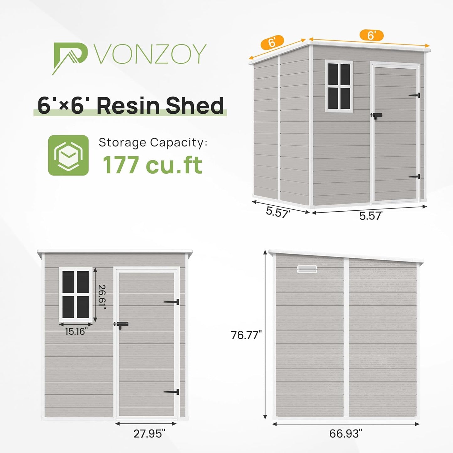 Resin Outdoor Storage Shed with Floor, 6x6 FT Plastic Garden Shed, Lockable Door & Window, Waterproof Tool Shed for Bike, Garbage Can, Lawn Mower, Patio Furniture Bedge