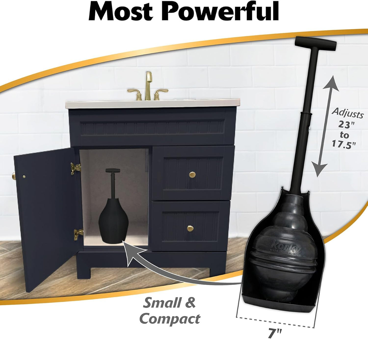 Korky BeehiveMAX Hideaway - Heavy Duty Toilet Plunger with Holder in Black - Drip Free Carry-Seals All Bowl Shapes – Powerful Clog Removal, 97-5B